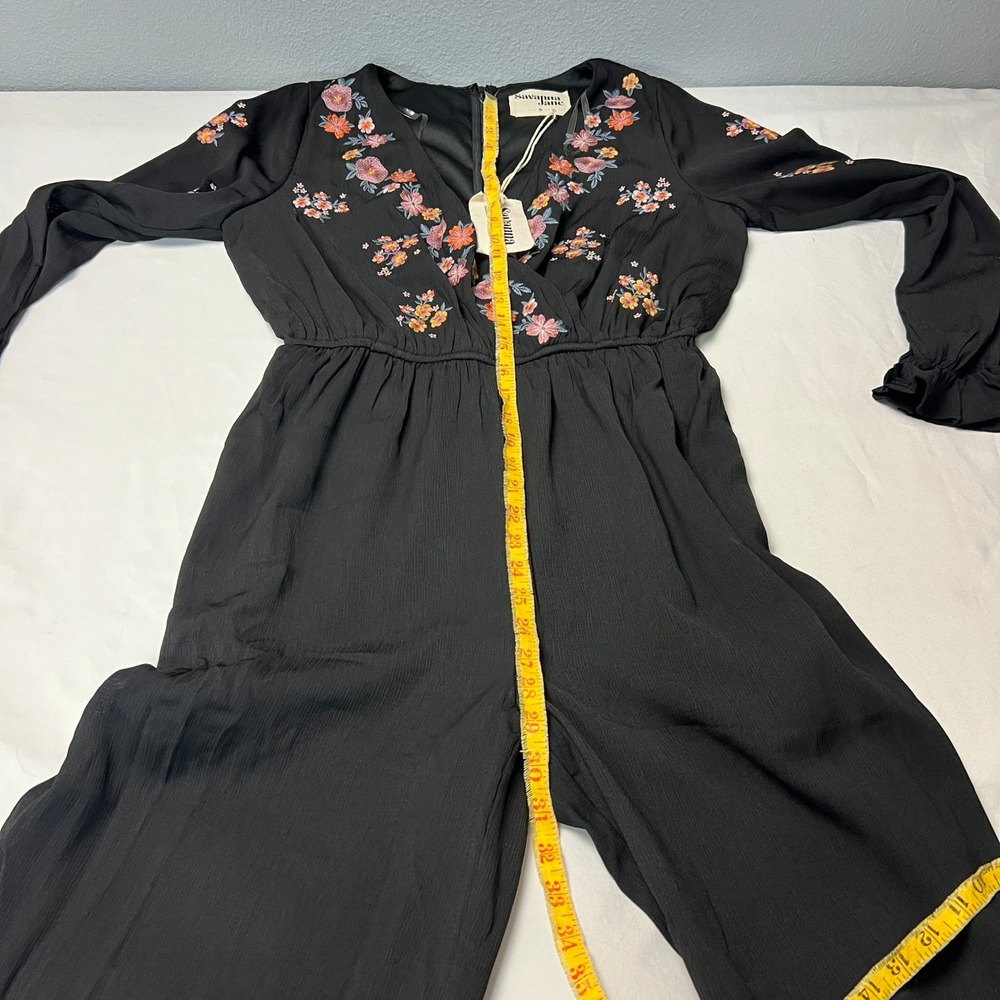 NWT Savanna Jane Floral Embroidered Jumpsuit Balloon Sheer Sleeve Black Romper S - Picture 9 of 14